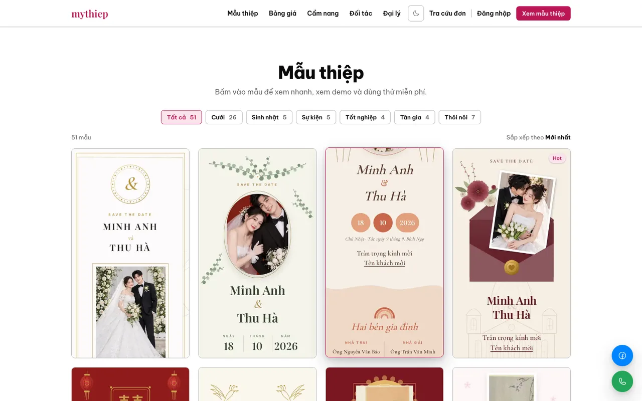 Danh mục mẫu thiệp của mythiep, các mẫu được nhóm theo loại